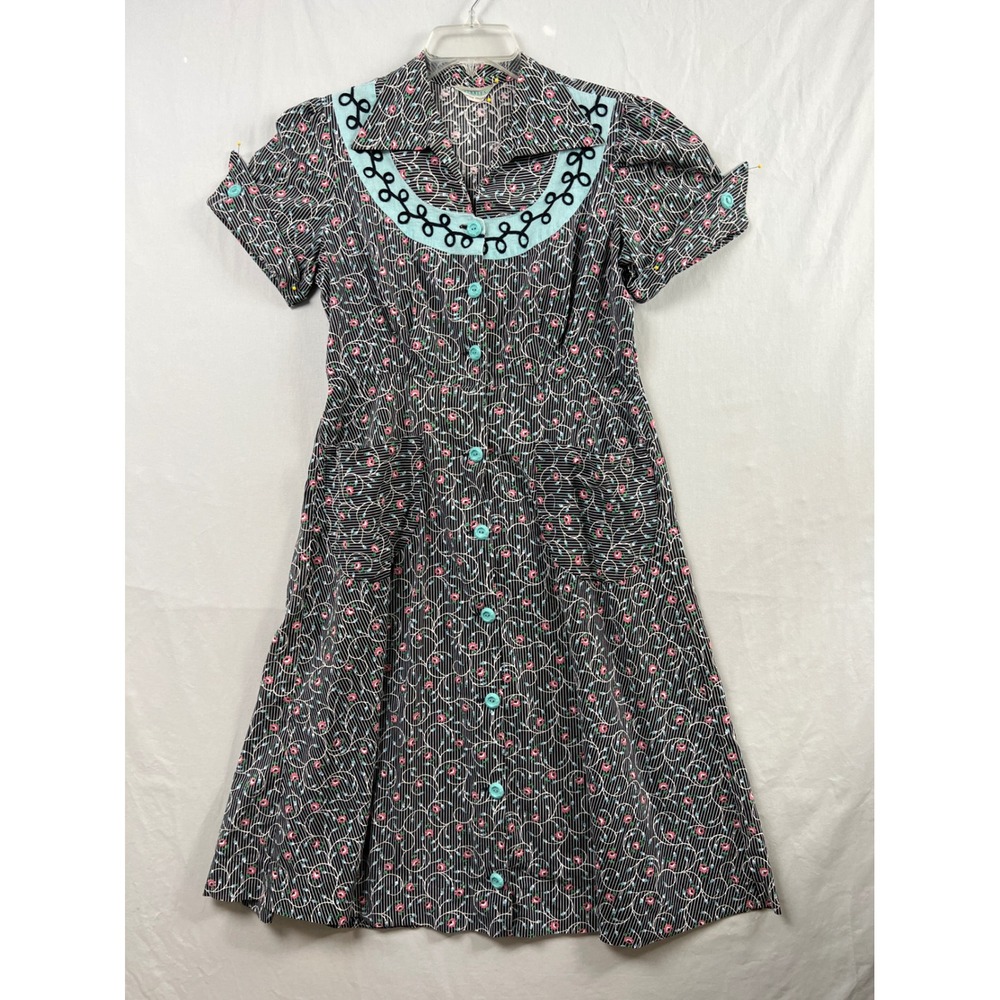 Vintage 50s Penney's Cotton Frocks Dress Women M Black Floral Scalloped Yoke